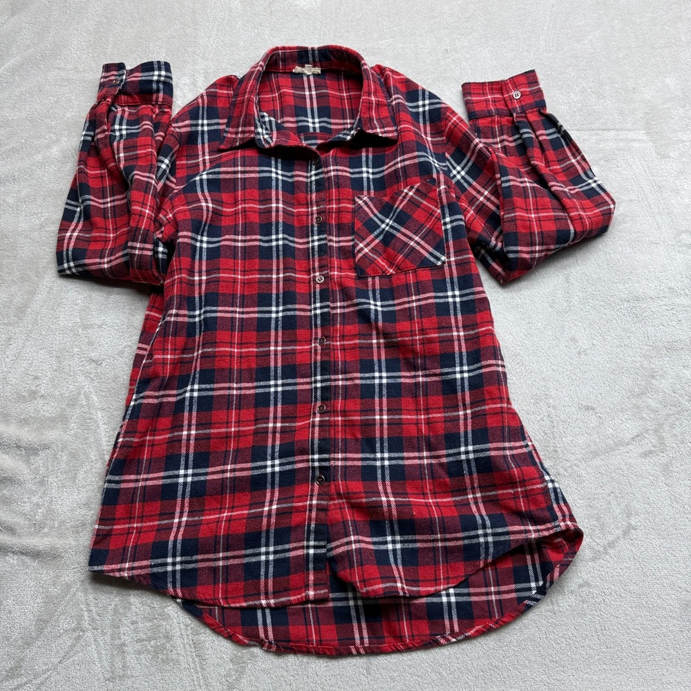 La Miel Flannel Button Down Shirt Women's Small Red Plaid Long Sleeve Oversized